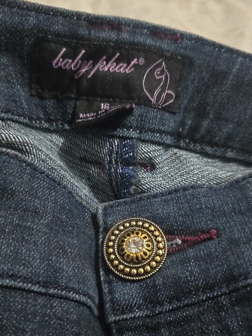 Baby Phat Dark Blue Jeans with Burgundy Rhinestone Logo - Picture 3 of 7